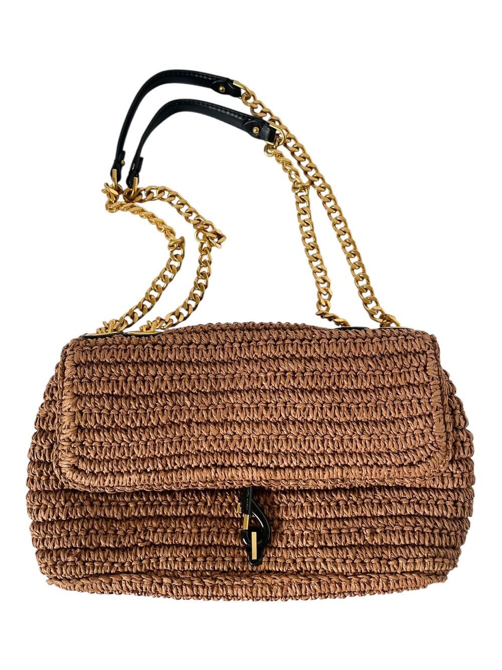 Rebecca Minkoff Edie Medium Crossbody Tawny Brown Raffia Straw Chain Bag